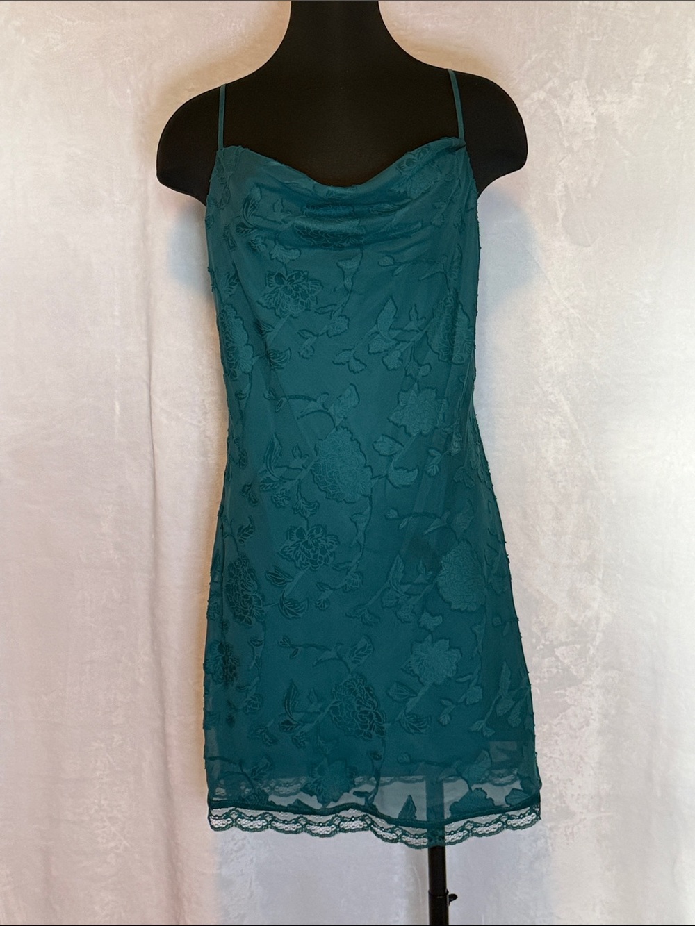 Dark Teal Lace Slip Dress with Cowl Neck
